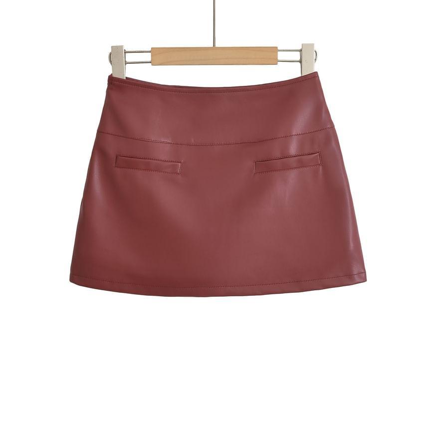 High Waist Faux Leather Mini A-Line Skirt Product Image