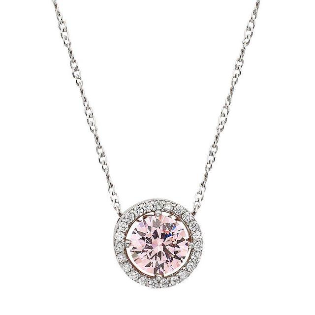 Sterling Silver Pink Cubic Zirconia Round Halo Pendant Necklace, Womens Product Image