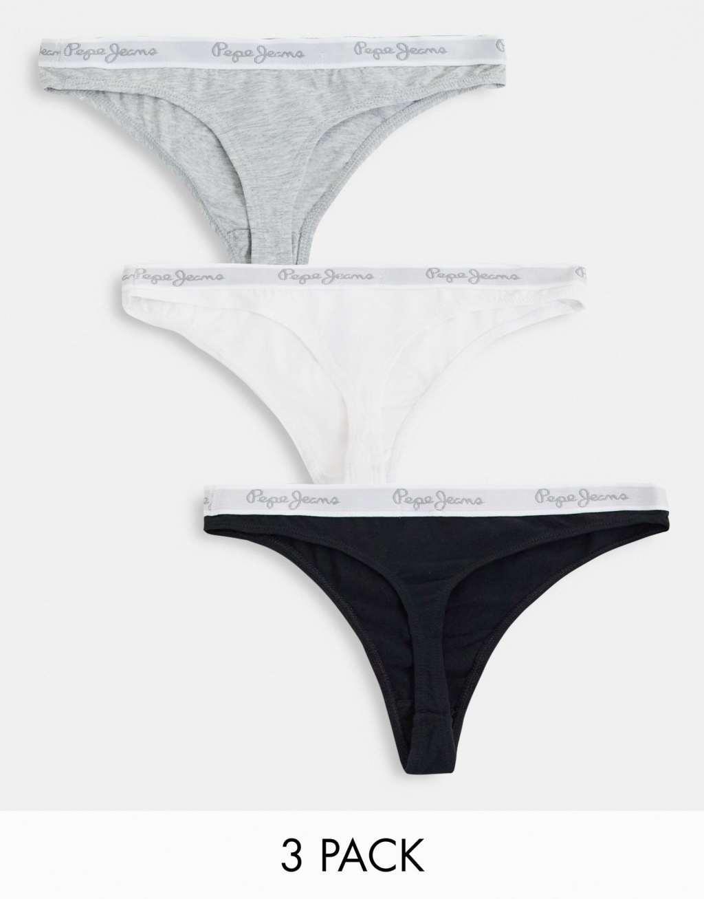 Pepe Jeans erica 3 pack thong in black gray and white Product Image