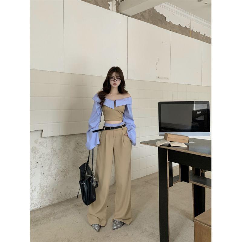 Long-Sleeve Off-Shoulder Mock Two-Piece Striped Panel Crop Blouse / High Rise Wide Leg Slacks / Belt / Set Product Image