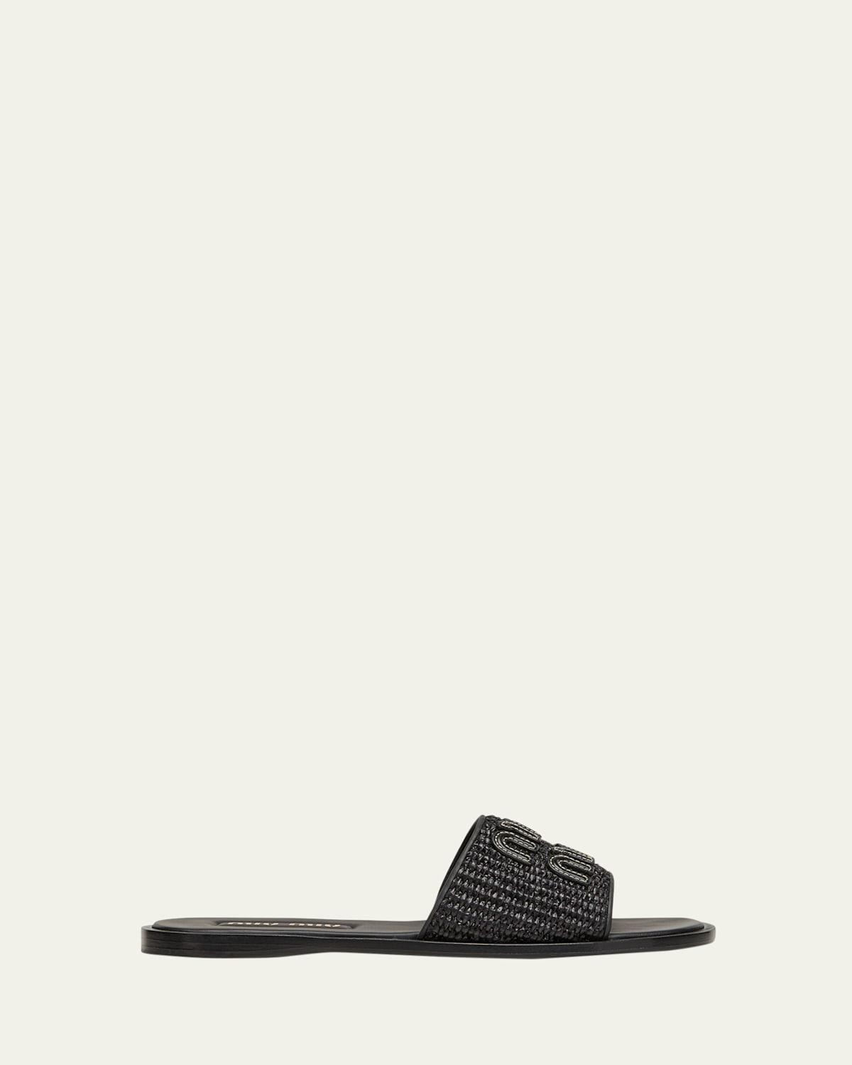 Raffia Logo Flat Slide Sandals Product Image