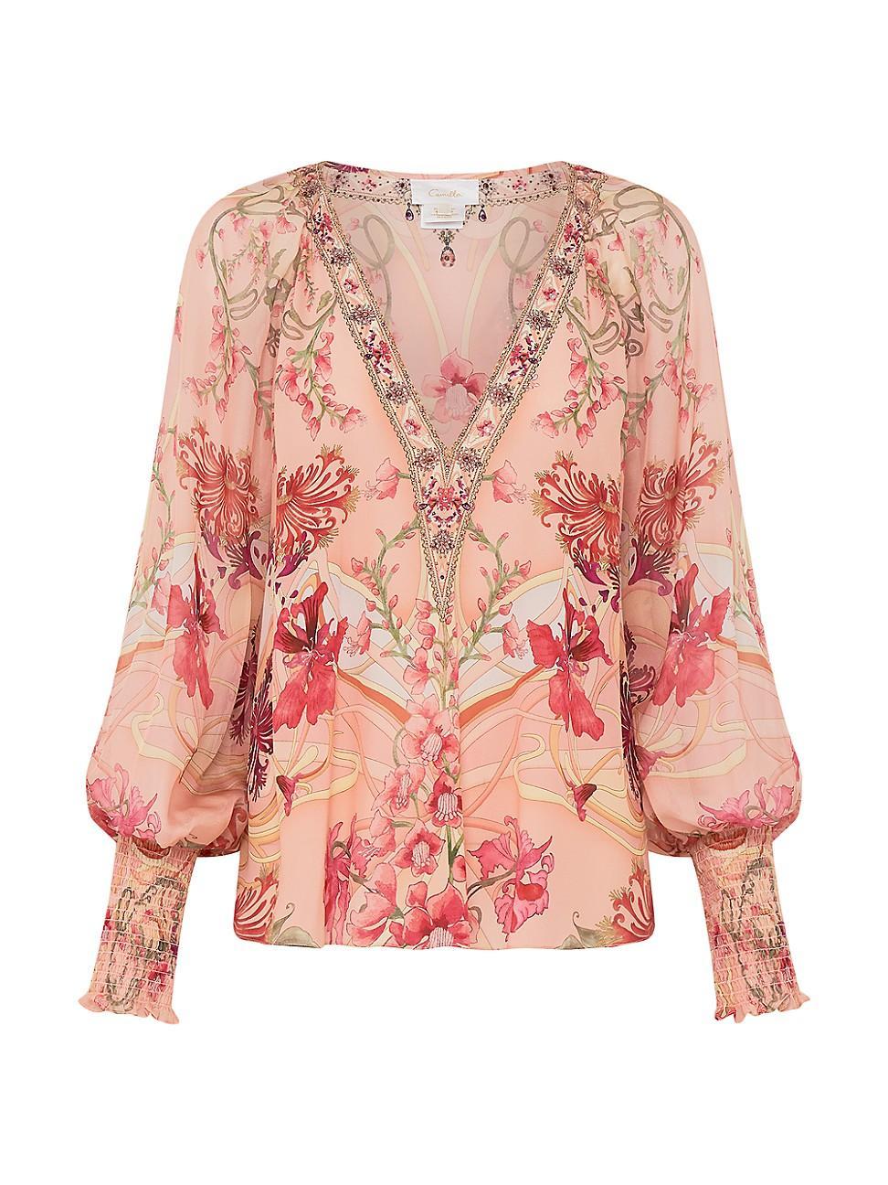 Womens V-Neck Floral Shirred-Cuff Blouse Product Image