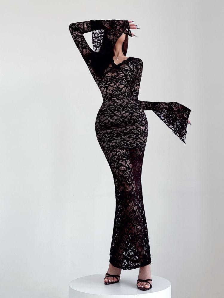 Flared-Cuff V-Neck Midi Lace Mermaid Dress Product Image