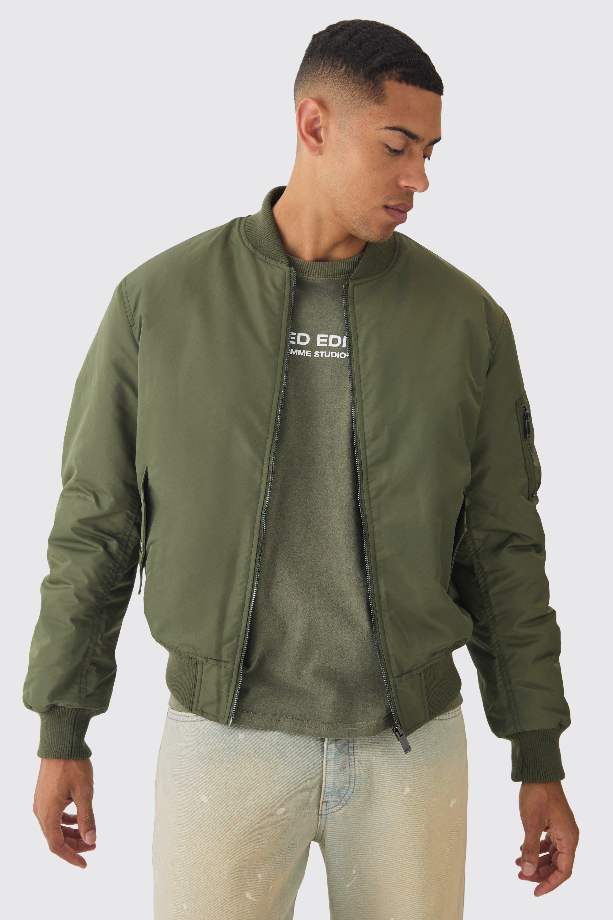 Oversized Boxy Padded Nylon Bomber Jacket In Khaki | boohooMAN USA Product Image