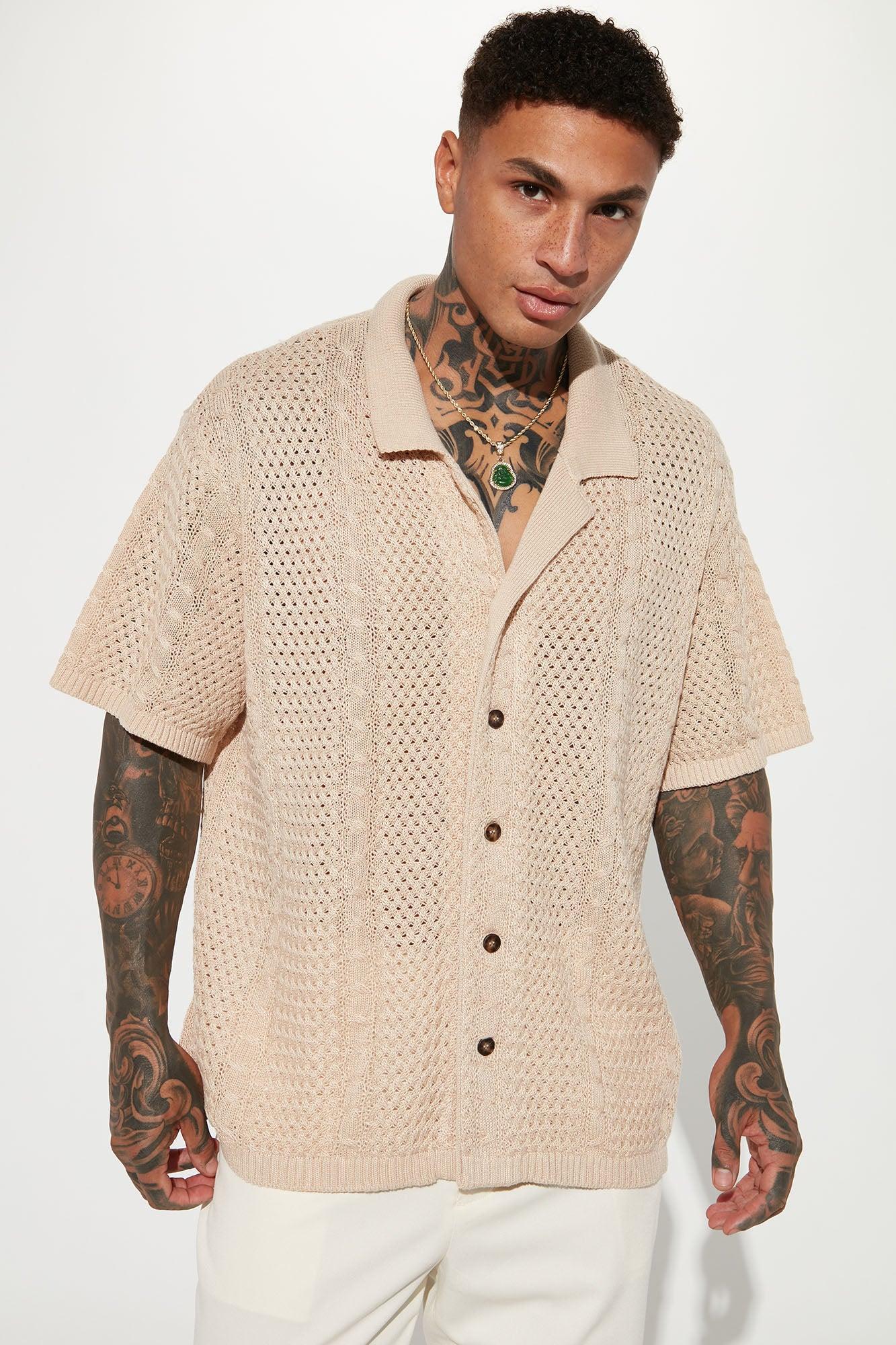 Unwind Cable Knit Short Sleeve Button Up - Oatmeal Product Image