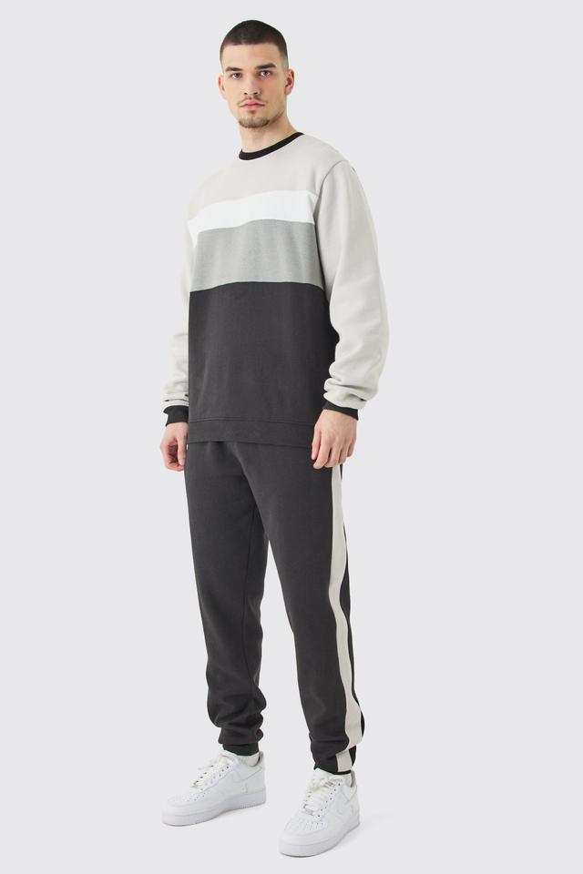 Mens Grey Tall Core Colour Block jumper Tracksuit, Grey Product Image