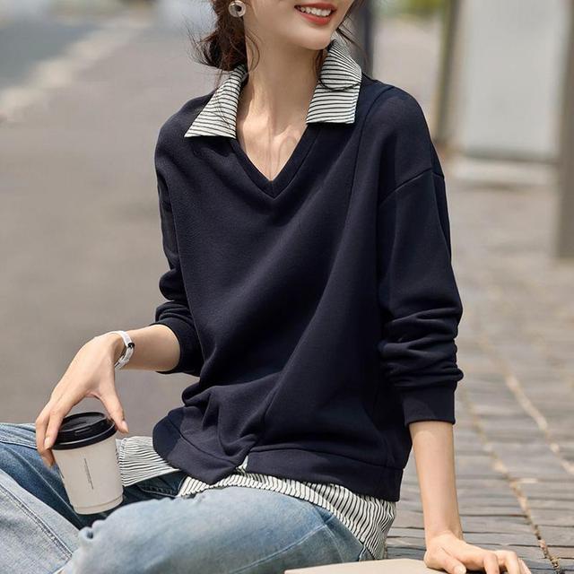 Drop Shoulder Collar V-Neck Mock Two Piece Pullover Product Image