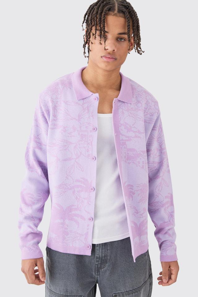 Long Sleeve Palm Patterned Knitted Shirt In Lilac | boohooMAN USA Product Image