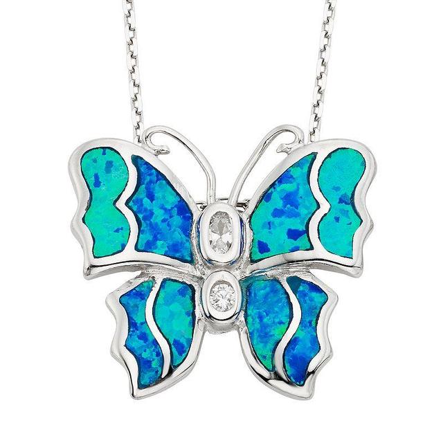 Lab-Created Blue Opal & Cubic Zirconia Sterling Silver Butterfly Pendant Necklace, Womens Product Image