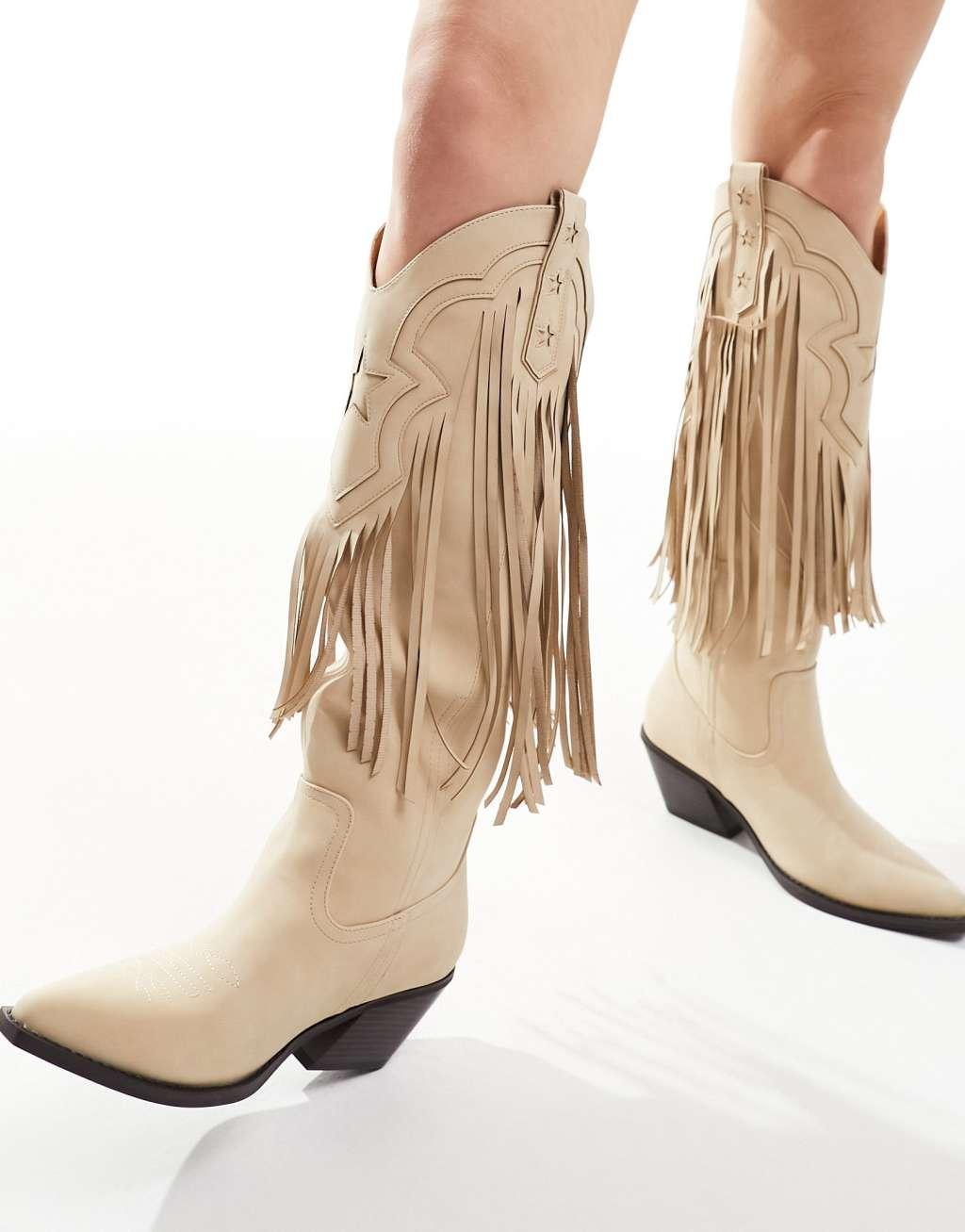 ASOS DESIGN Comet fringe western knee boots in beige Product Image