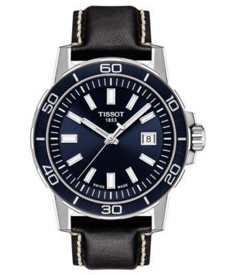 Tissot Mens Swiss Supersport Black Leather Strap Watch 44mm - Blue Product Image