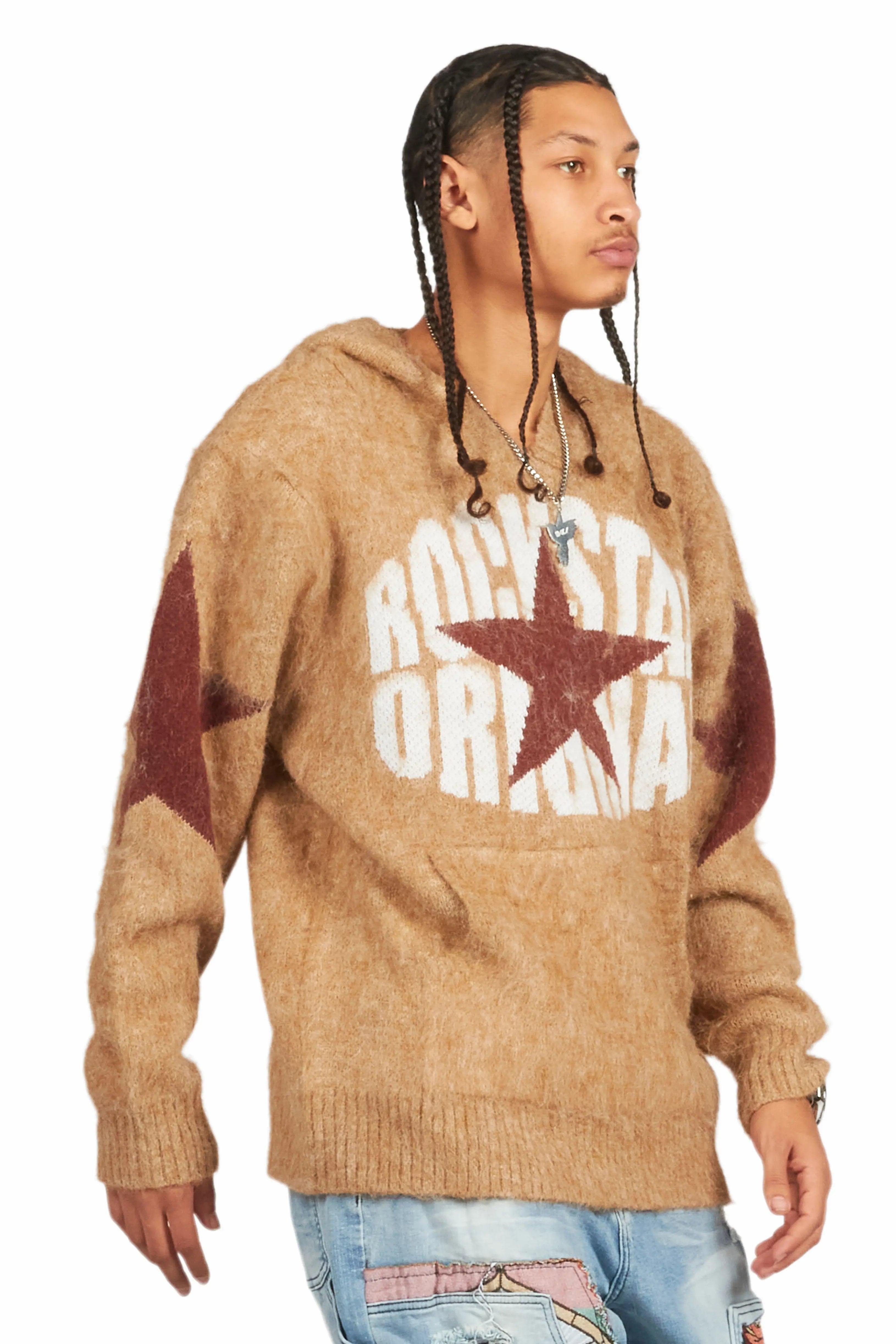 States Brown Graphic Knitted Mohair Hoodie Male Product Image