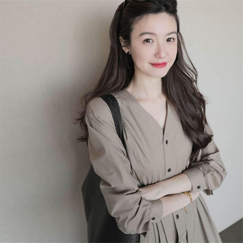 Long-Sleeve V-Neck Button-Up Plain Midi A-Line Shirt Dress Product Image