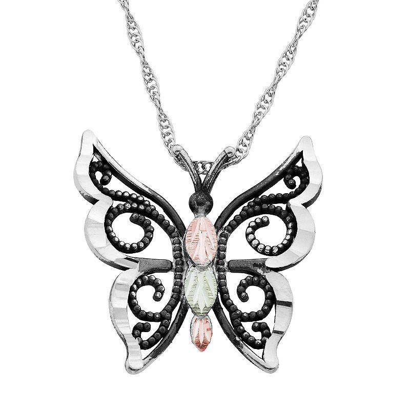 Black Hills Gold Tri-Tone Butterfly Pendant Necklace in Sterling Silver, Womens 10k Gold Product Image