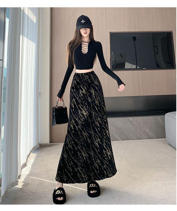 High Waist Tie Dye Velvet Maxi A-Line Skirt Product Image