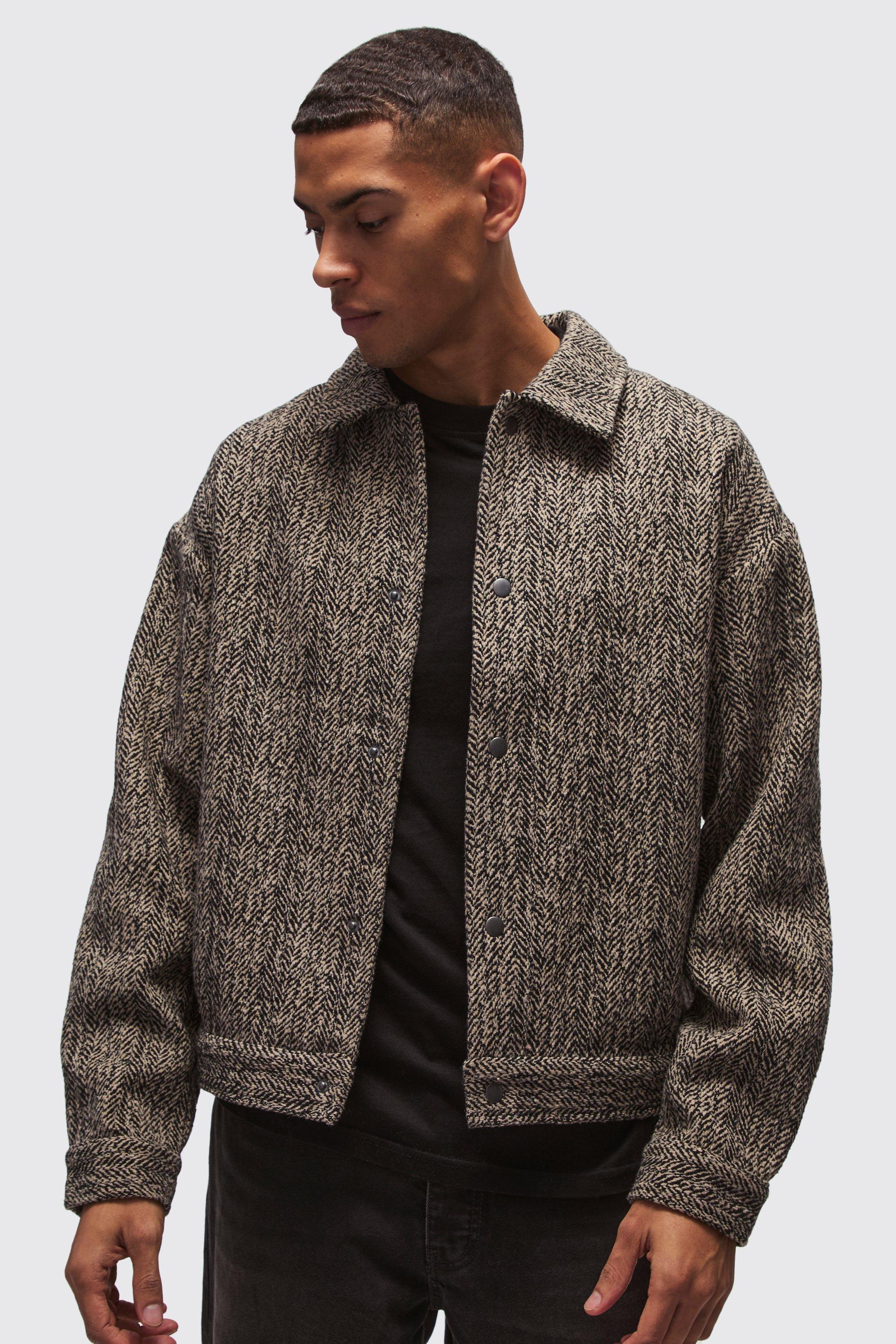 Heavyweight Boucle Herringbone Overshirt | boohooMAN USA Product Image