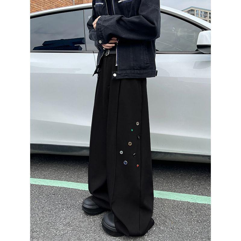 Mid Rise Plain Button Detail Wide Leg Pants Product Image