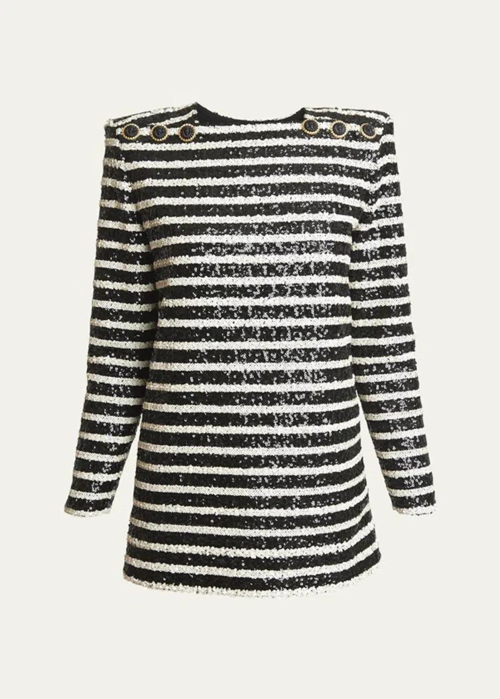 BALMAIN Glittered Stripe Mini Dress With Button Details In Blk White Product Image