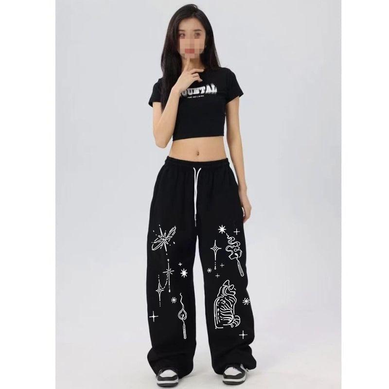 Drawstring Waist Patterned Print Wide Leg Sweatpants Product Image