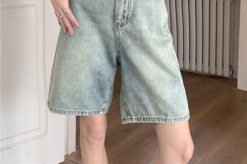 High Waist Washed Wide Leg Denim Shorts Product Image