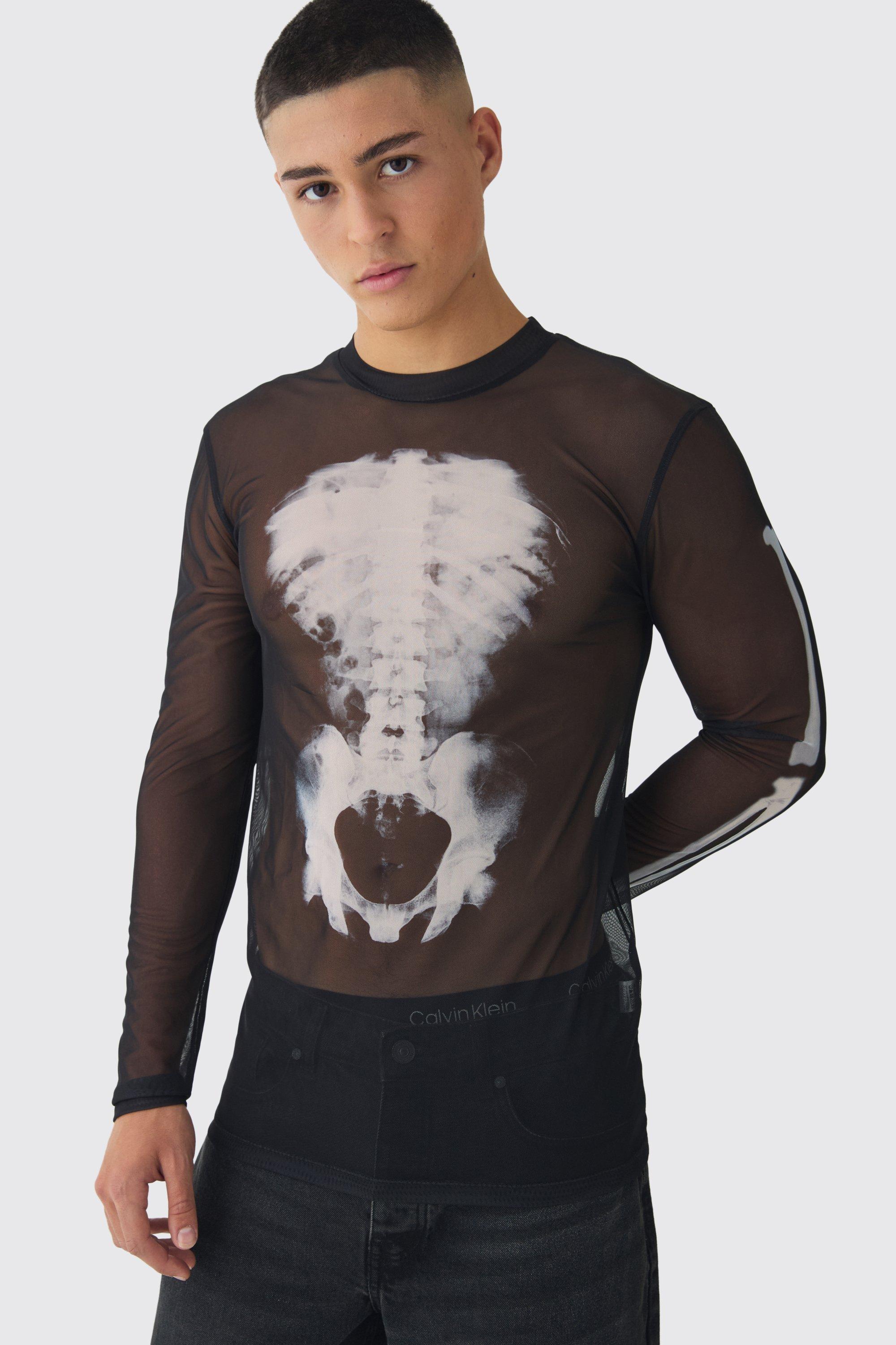 Muscle Mesh Skeleton Print Long Sleeve T-Shirt | boohooMAN USA Product Image