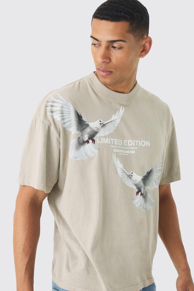 Mens Beige Oversized Large Scale Dove Graphic T-shirt, Beige Product Image