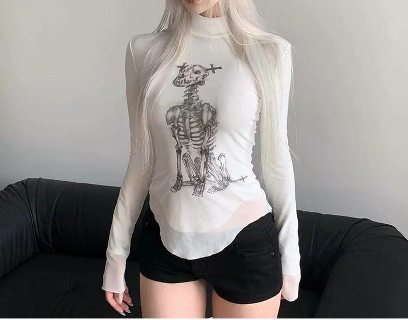 Long-Sleeve Mock Neck Skeleton Print Top Product Image