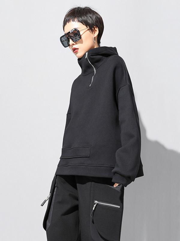 Stylish Black Asymmetric Zipper Hoodies Product Image