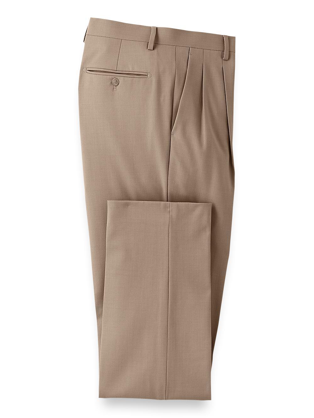 Wool Stretch Bengaline Pleated Suit Pants - Light Tan Product Image