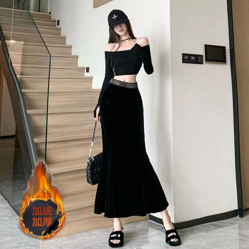 High Waist Rhinestone Velvet Midi Mermaid Skirt Product Image