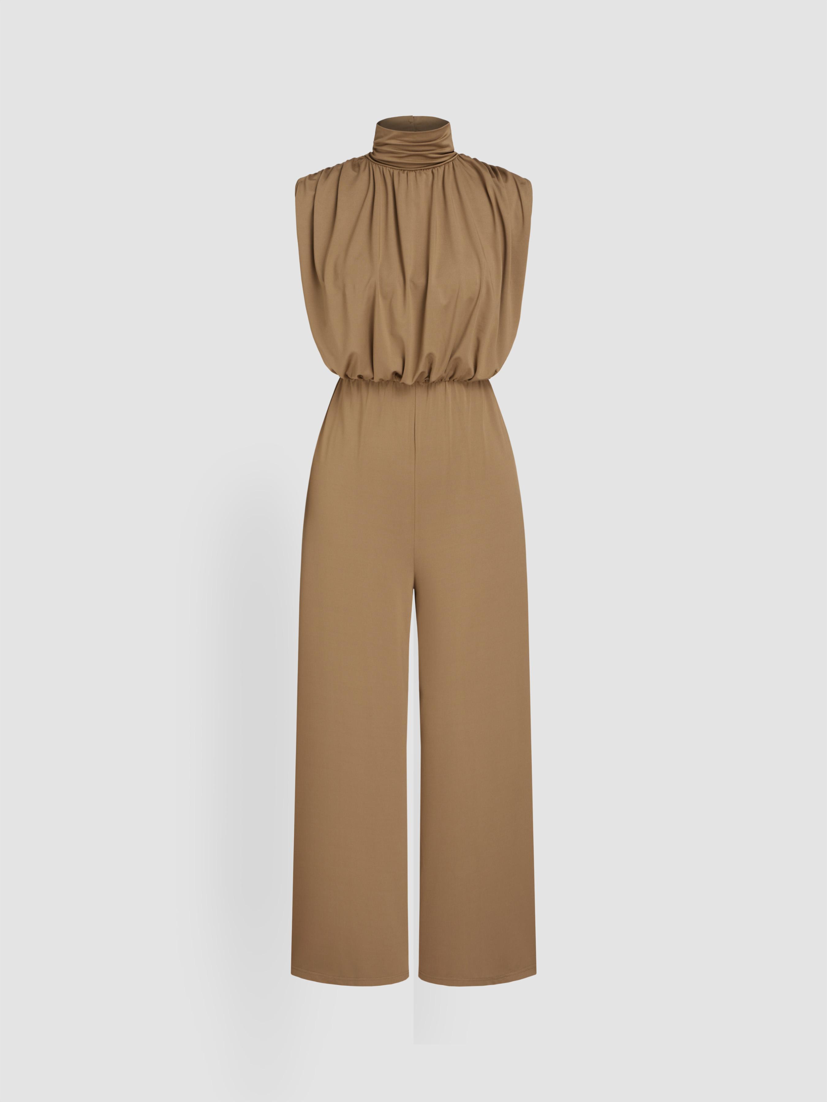 High Neck Solid Zipper Ruched Jumpsuit Product Image