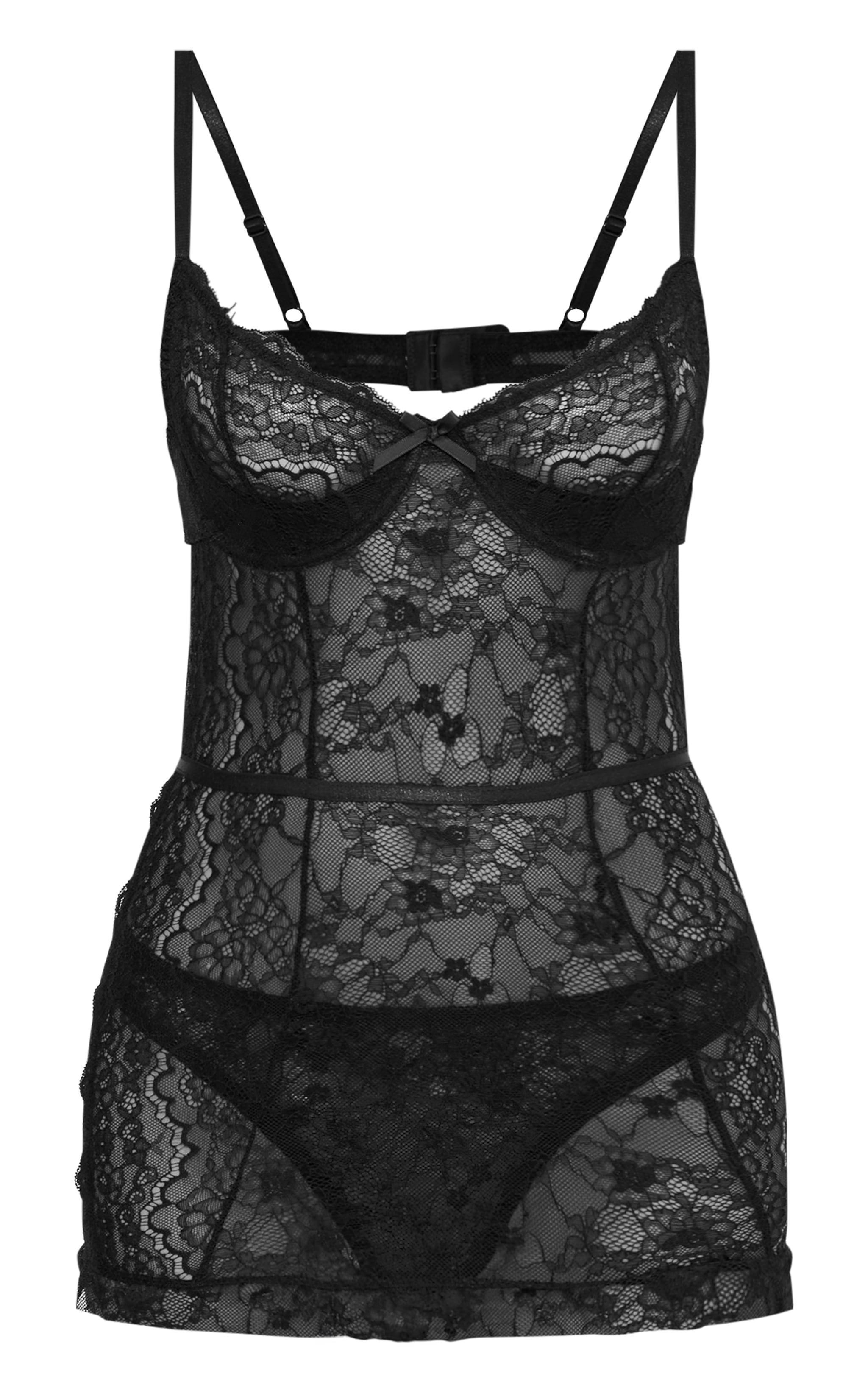 Black Lace Underwired Slip Dress Lingerie Set Product Image