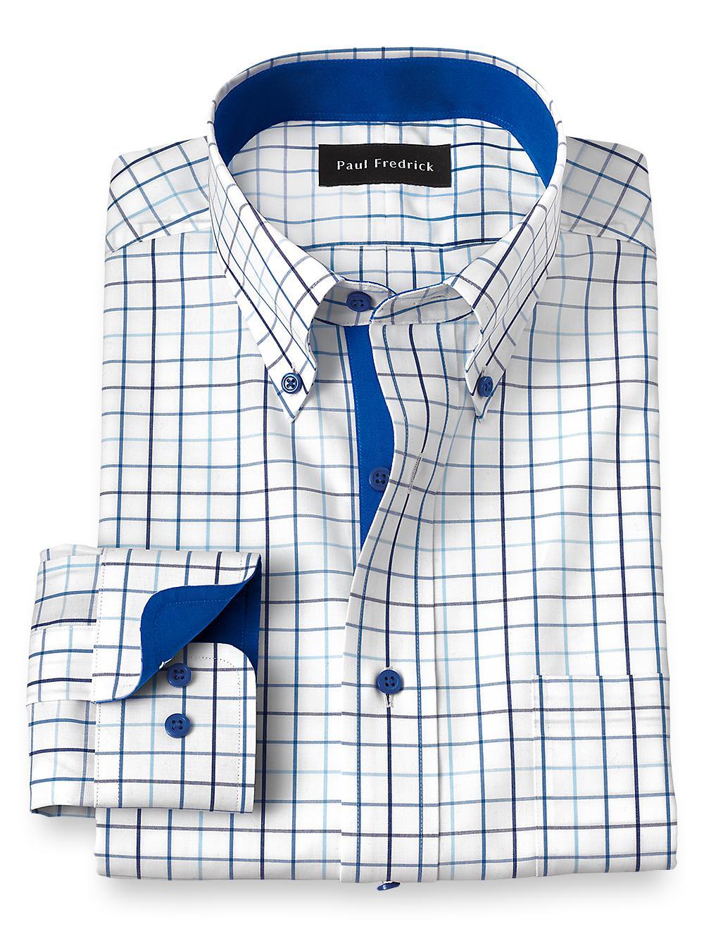 Non-Iron Cotton Tattersall Dress Shirt With Contrast Trim - Blue Product Image