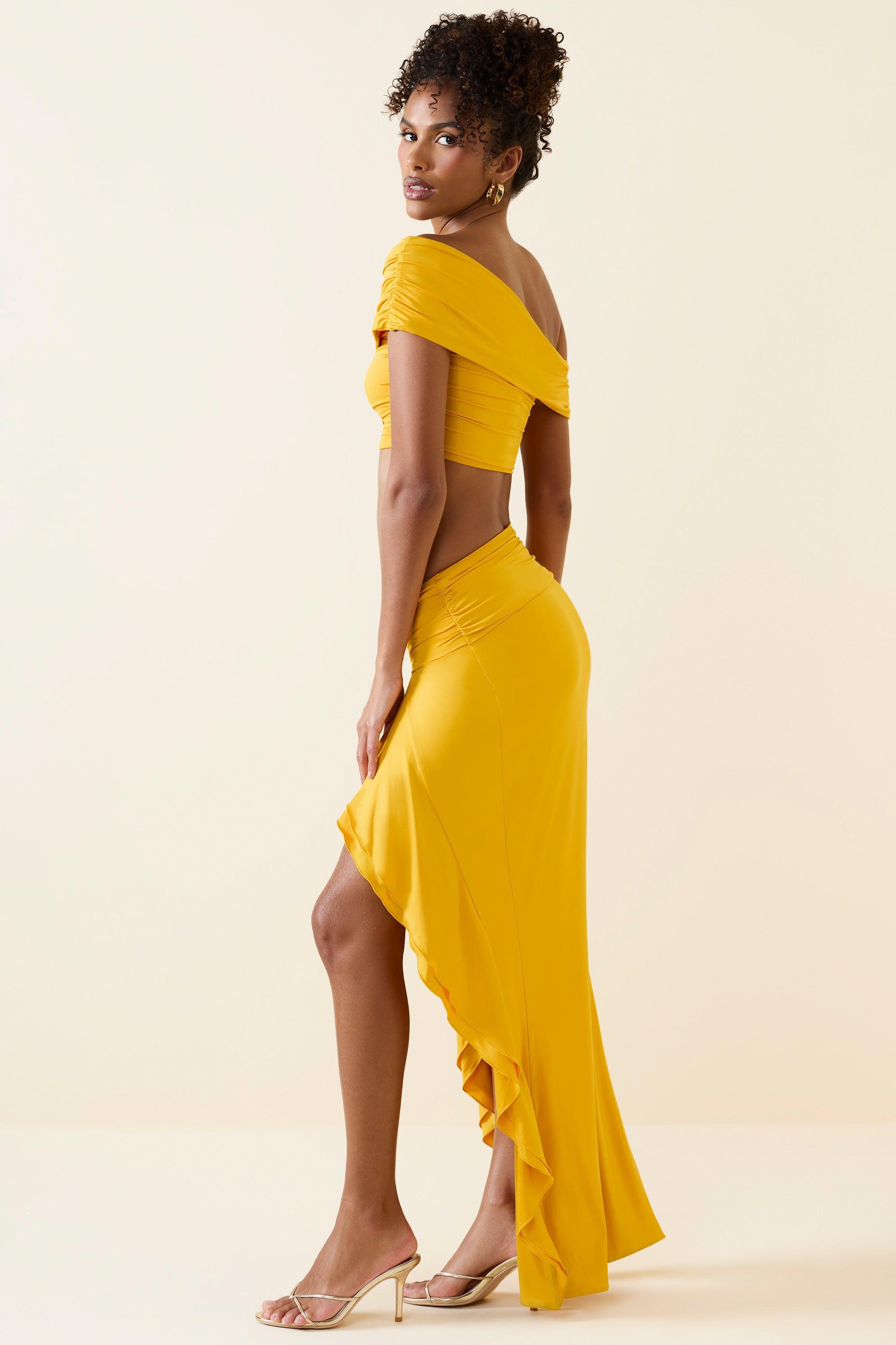 Asymmetric Ruffled Low-Rise Maxi Skirt in Golden Yellow Product Image