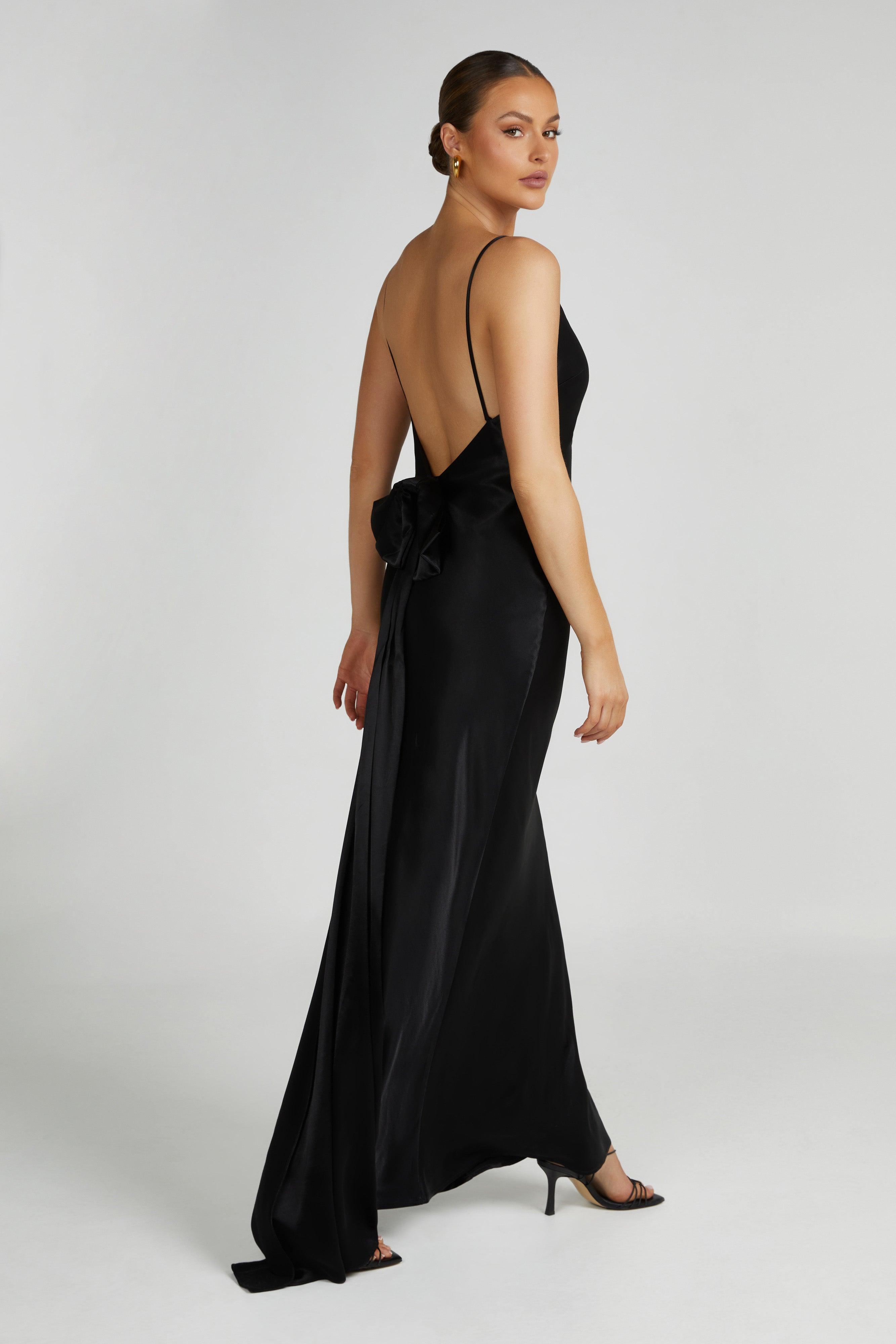 Kailey Low Back Maxi Dress With Detachable Bow Train - Black Product Image