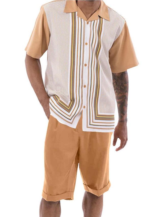 Cognac Symmetry Pattern Walking Suit 2 Piece Short Sleeve Set with Shorts Product Image