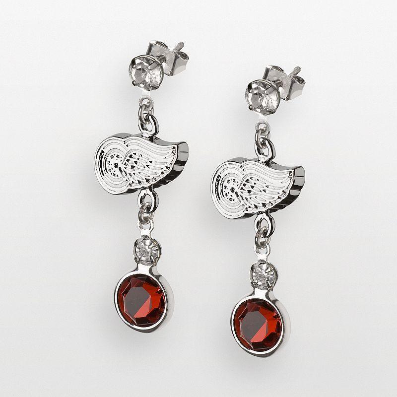 LogoArt Detroit Red Wings Silver Tone Crystal Logo Linear Drop Earrings, Womens Product Image