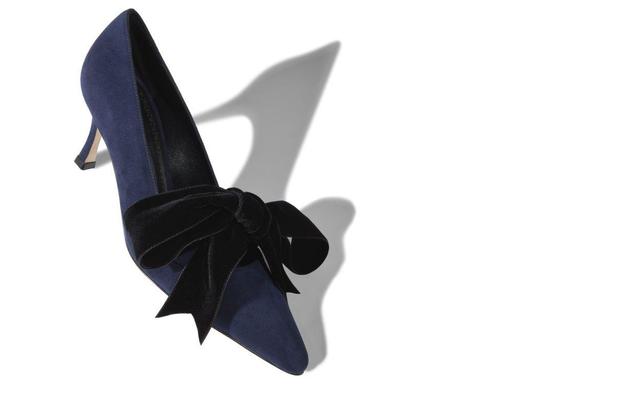 SERBA Navy Blue Suede and Velvet Bow Detail Pumps  Product Image