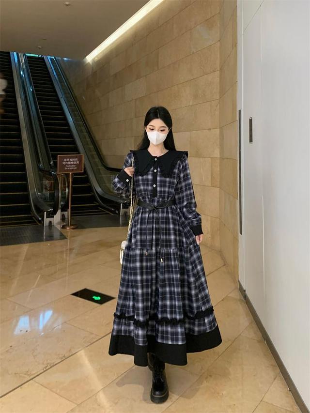 Set: Long-Sleeve Collar Plaid Midi A-Line Dress + Belt Product Image