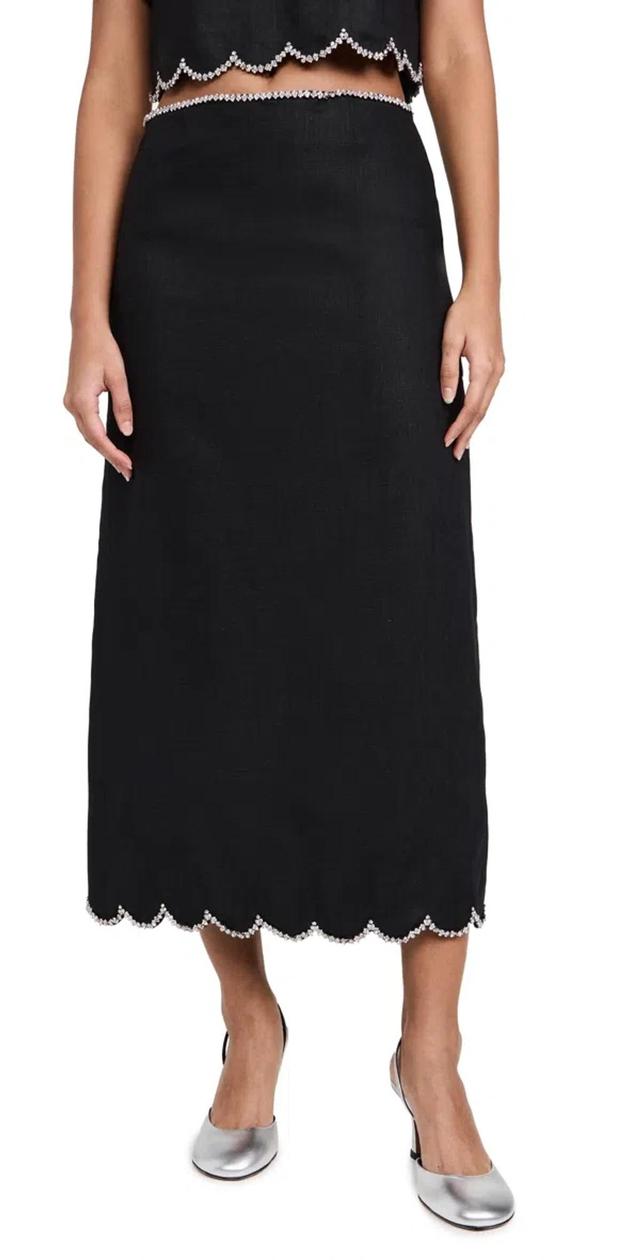 ZIMMERMANN Crystal Embellished Scalloped Linen Midi Skirt In Black Product Image