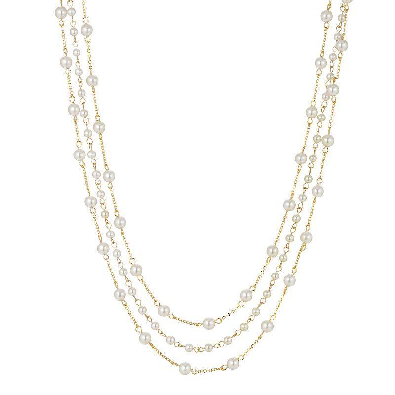 1928 Gold Tone 3-Row Simulated Pearl Station Necklace, Women's, White - Size: One Size Product Image