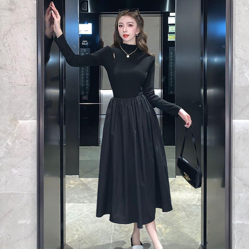 Long Sleeve Mock Neck Plain Gathered Panel Midi A-Line Dress Product Image