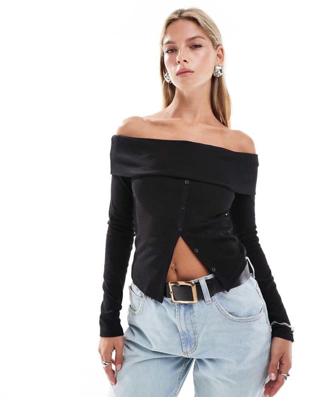 Bershka bardot button up top in black Product Image