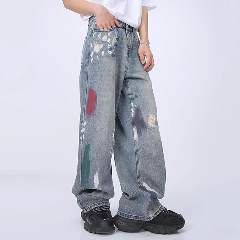 Men's Graffiti Ripped Floor-Length Wide-Leg Jeans Product Image