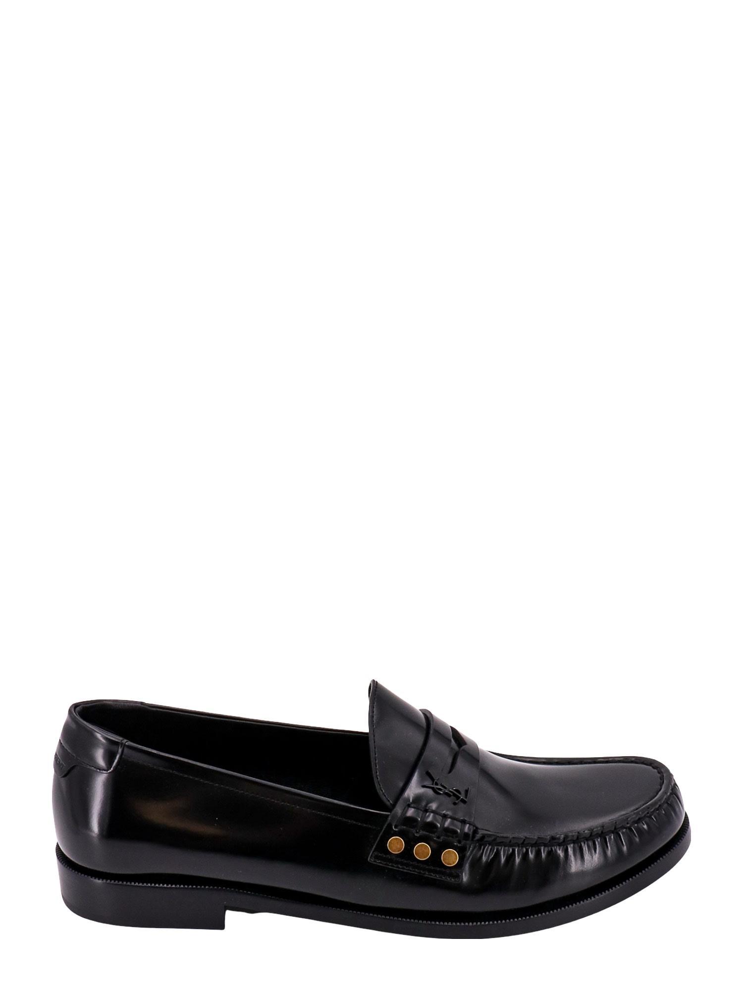 SAINT LAURENT Leather Loafer With Metal Monogram In Black Product Image