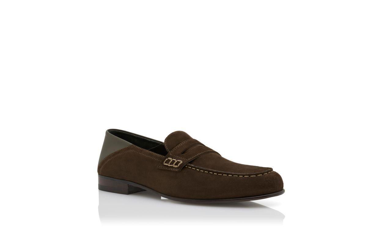 PLYMOUTH Dark Khaki Suede Penny Loafers Product Image