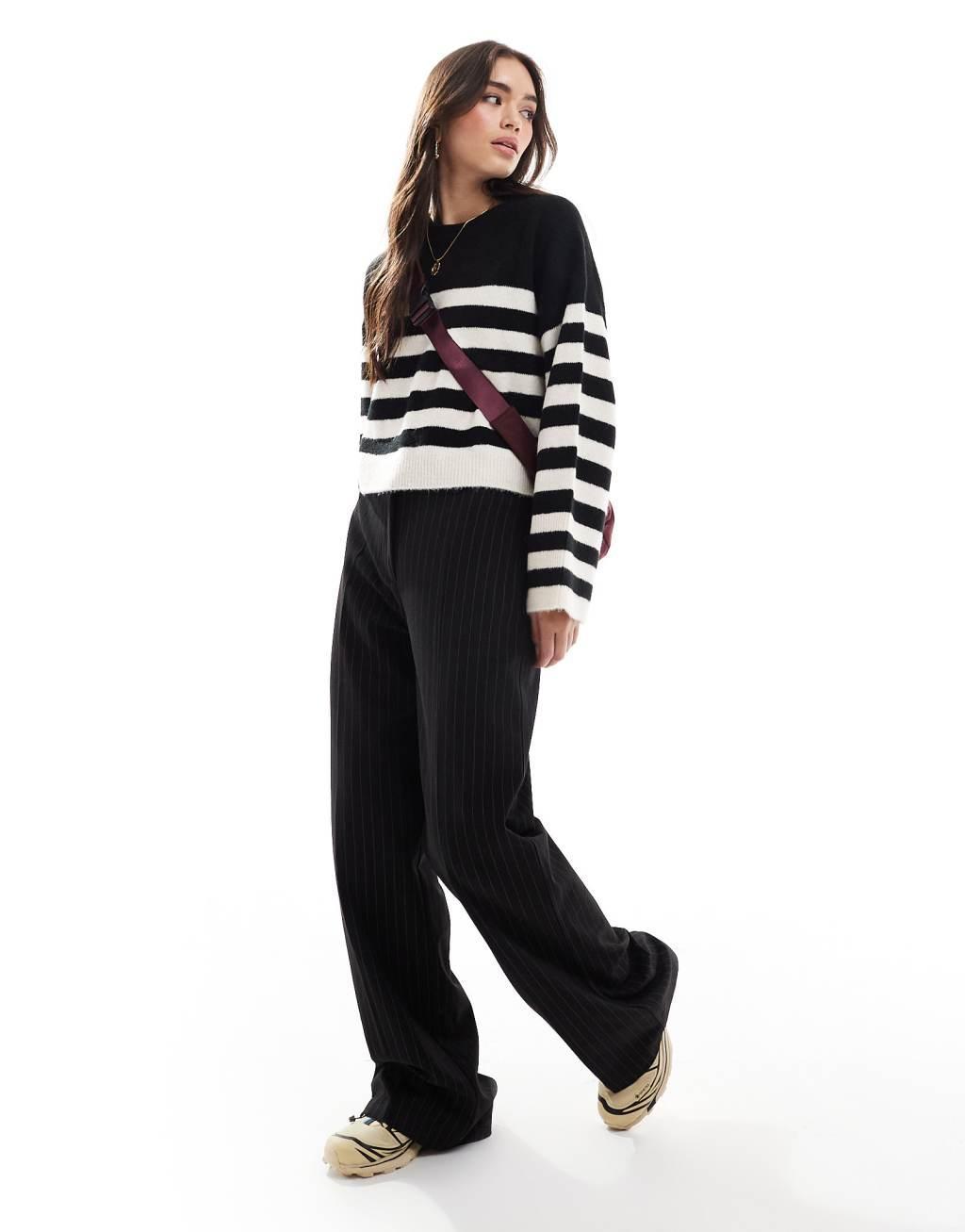 ASOS DESIGN crew neck boxy sweater with wide cuff in mono stripe Product Image