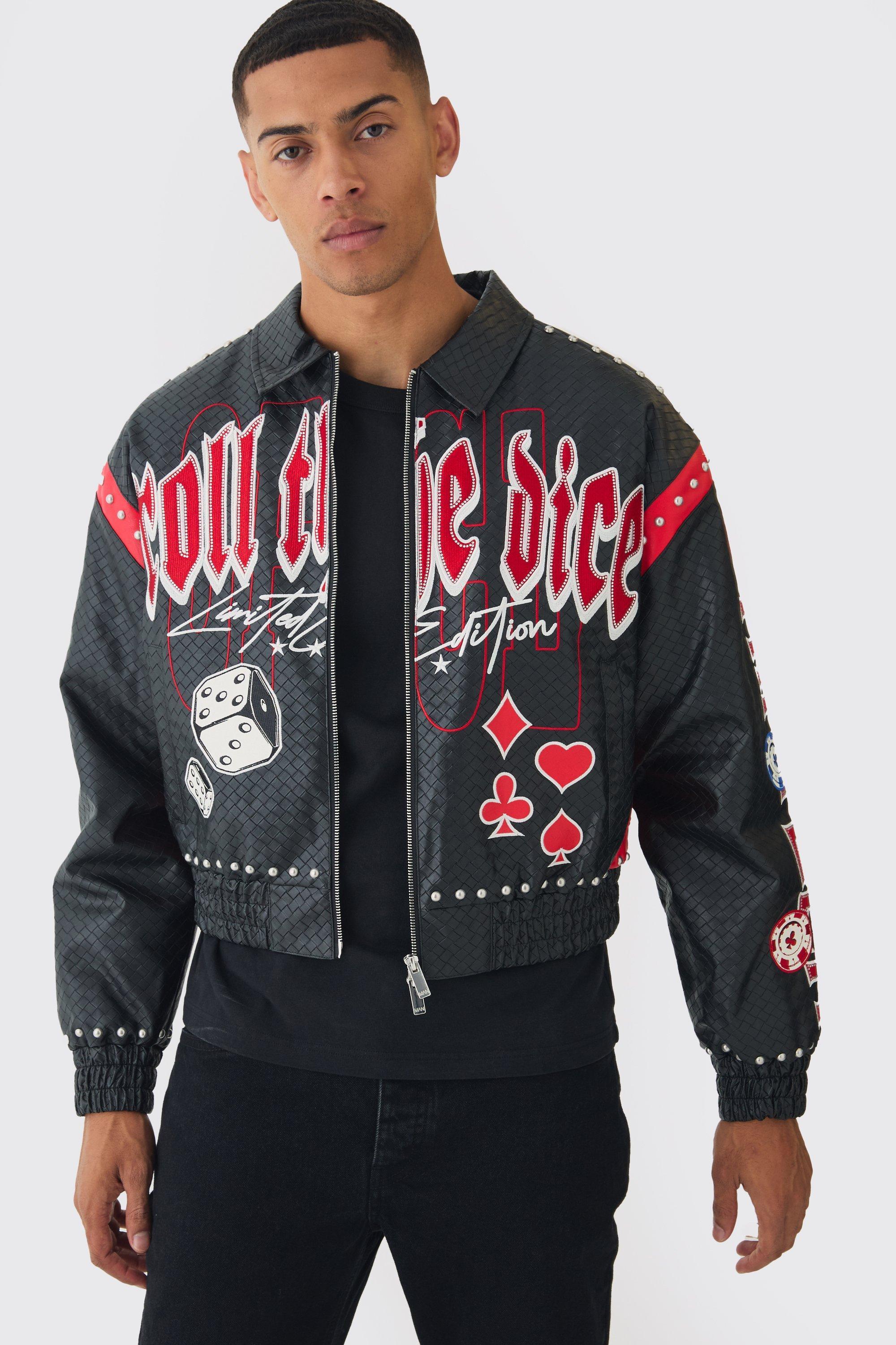 Boxy Dice Weave PU Studded Bomber Jacket In Black | boohooMAN USA Product Image