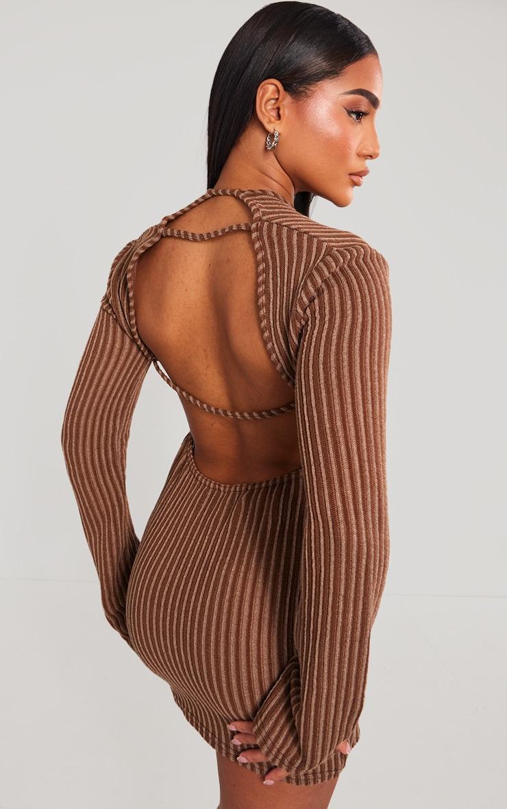 Chocolate Contrast Ribbed Open Back Long Sleeve Mini Dress Product Image