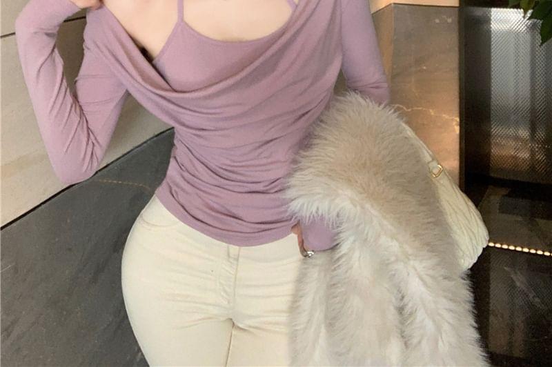 Cold-Shoulder Long-Sleeve Plain Shawl Collar T-Shirt Product Image